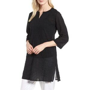 Eileen Fisher Sz XS Black Grid Texture Organic Cotton Voile Tunic Top $218 RARE